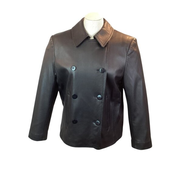 Lauren Ralph Lauren Womens Petite Medium Double-Breasted Leather Jacket Black - Picture 3 of 12